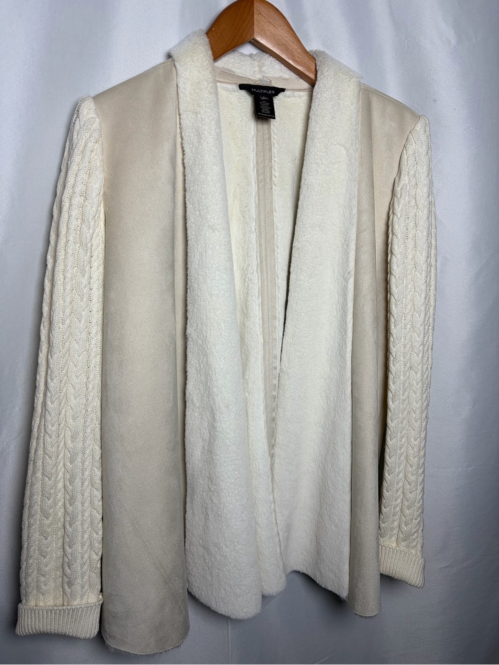 Multiples Cream Open-Front Cardigan with Cable-Knit Sleeves